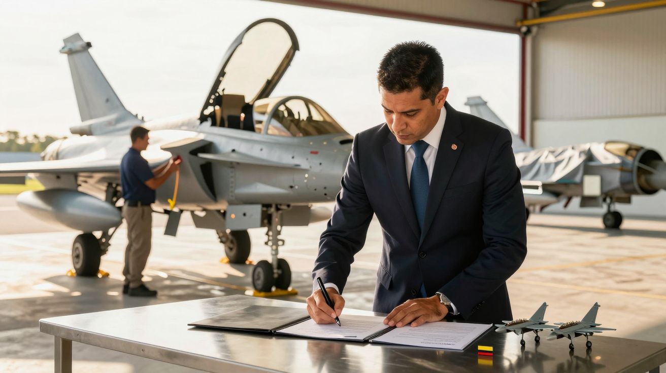 Homem de fato a assinar documentos numa mesa em hangar, com caça e técnico ao fundo.