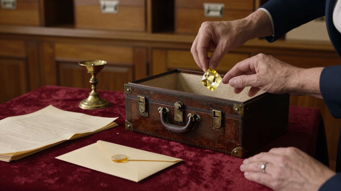 Mãos colocam um cristal dourado numa caixa de couro antiga sobre mesa com papéis e cálice dourado.