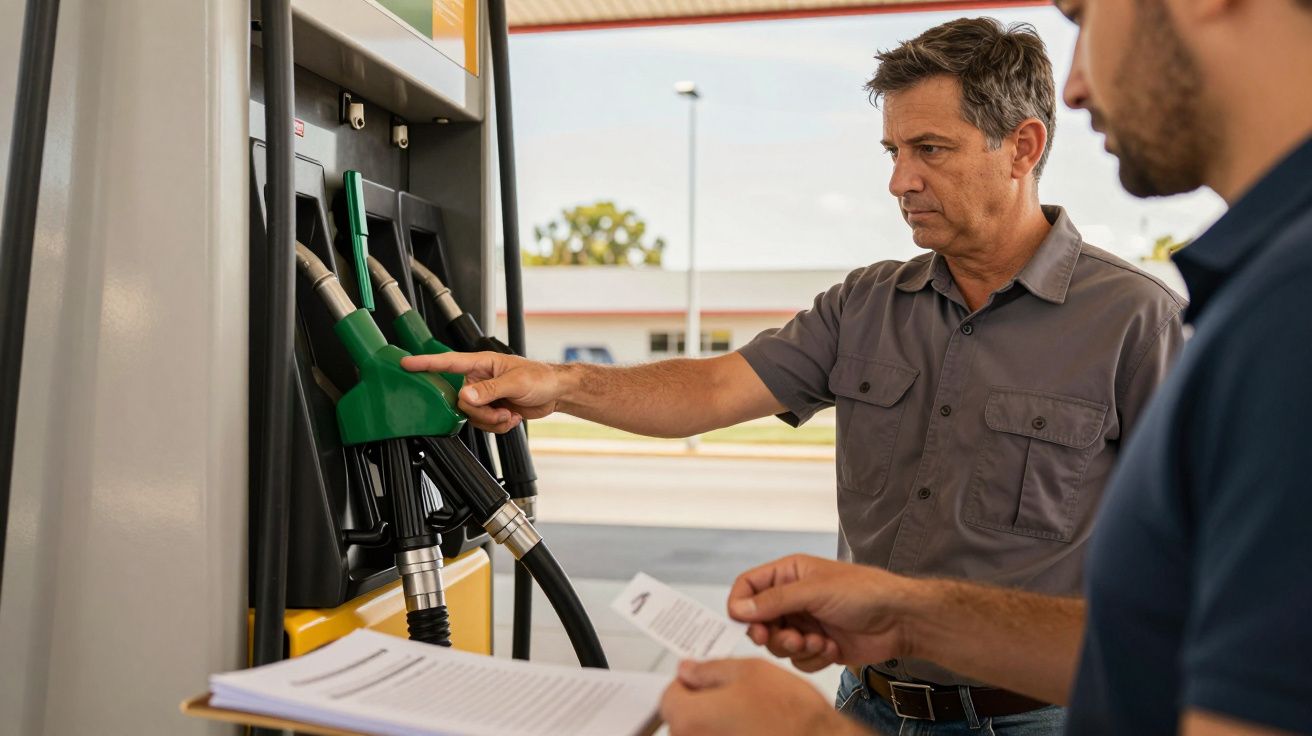 Homem verificando bomba de combustível, apontando para mangueira verde, enquanto outro segura papéis em posto de gasolina.