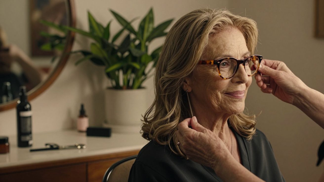 Mulher idosa com óculos, cabelo grisalho, a sorrir. Alguém ajusta os óculos. Planta e espelho ao fundo.