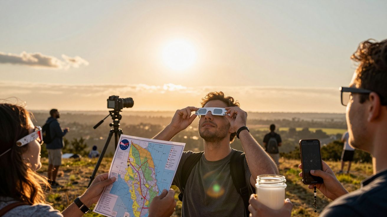 Pessoas observam o sol com óculos especiais ao ar livre ao pôr-do-sol, segurando mapa e telemóvel.