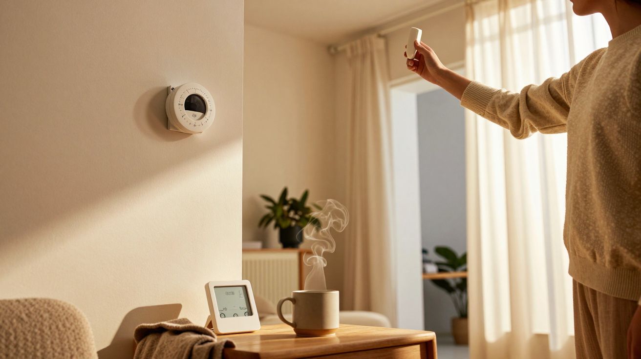 Pessoa ajusta termóstato digital numa sala iluminada, com uma caneca fumegante sobre a mesa.