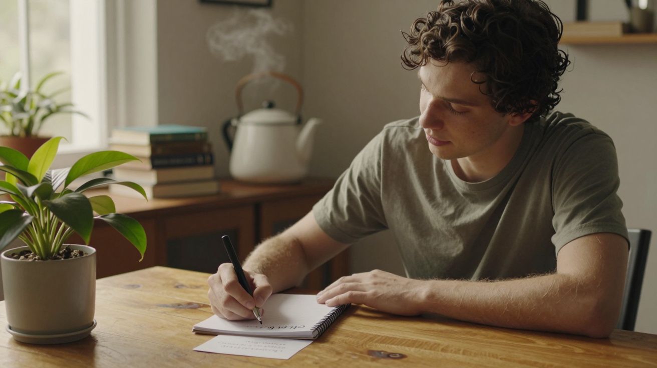 Homem escreve em caderno numa mesa de madeira, com planta e chaleira ao fundo.