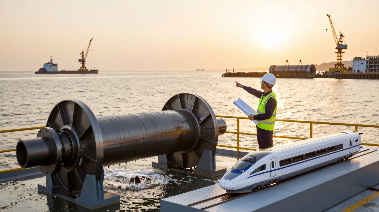 Engenheiro de capacete e colete reflete junto a modelo de comboio e estrutura metálica, com mar e guindastes ao fundo.