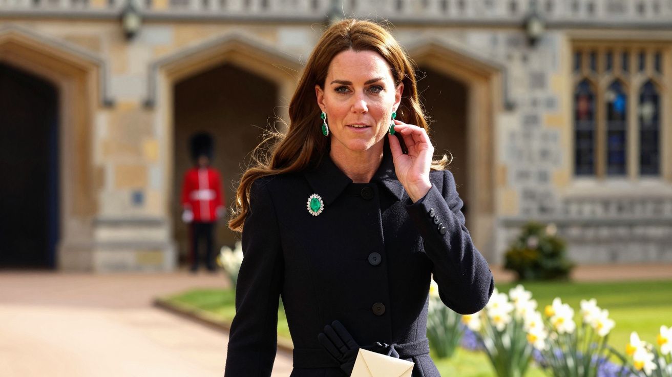 Mulher de casaco preto e jóias verdes, caminhando em frente a um edifício histórico, com jardim ao fundo.