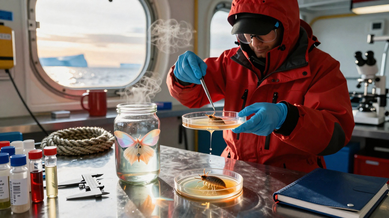 Cientista com roupa vermelha analisa amostras em ambientes de laboratório num navio, com jarros e placas de petri.