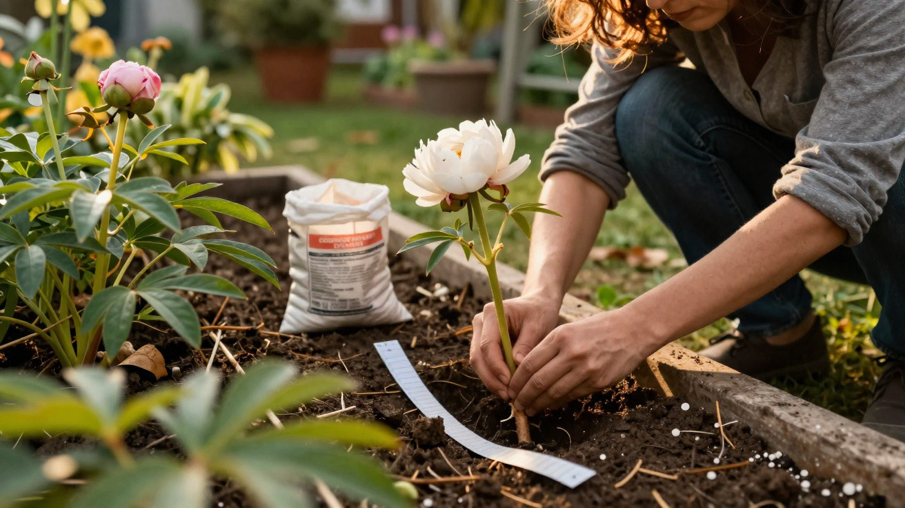 Pessoa a plantar uma flor branca numa cama de jardim com solo preparado e fertilizante ao lado.