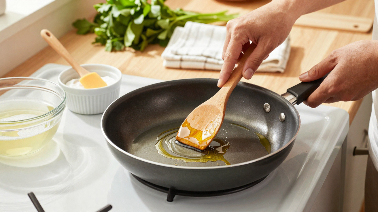 Mãos a espalhar azeite com colher de pau numa frigideira sobre fogão, com ingredientes na bancada.