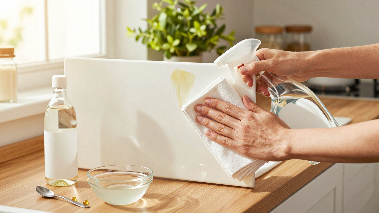 Pessoa a limpar nódoa no móvel da cozinha com spray e pano branco, ao lado de óleo e tigela de ingredientes.