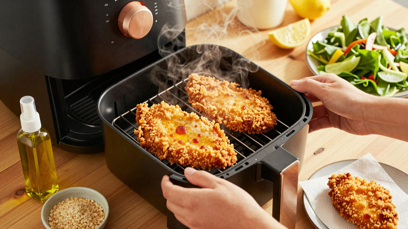 Peito de frango empanado a ser retirado de air fryer, com salada e limão ao fundo.