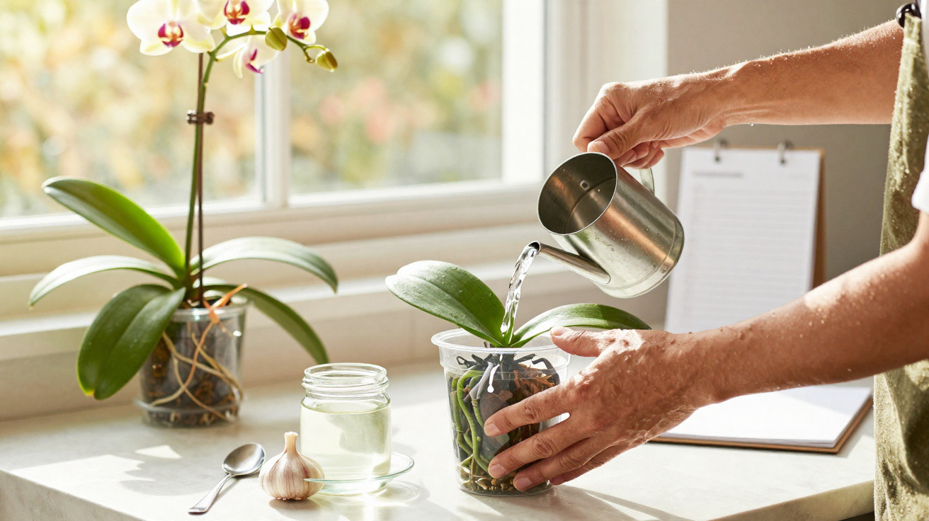 Mãos a regar uma orquídea jovem num vaso transparente, ao lado de uma orquídea adulta e utensílios na janela.