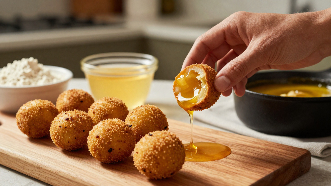 Bolinhas fritas crocantes com mel a escorrer, servidas numa tábua de madeira numa cozinha moderna.