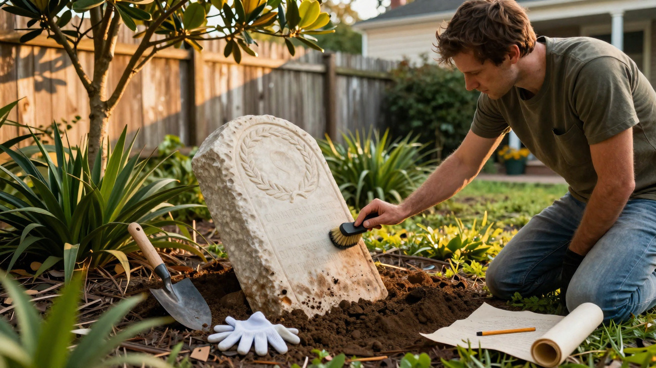Homem limpa uma lápide recém-enterrada num jardim, rodeado de plantas e ferramentas de jardinagem.