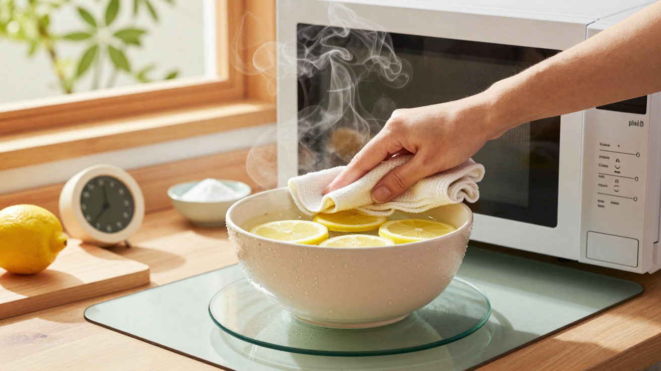 Mão com pano a segurar taça quente com fatias de limão vaporizando junto a micro-ondas numa cozinha.