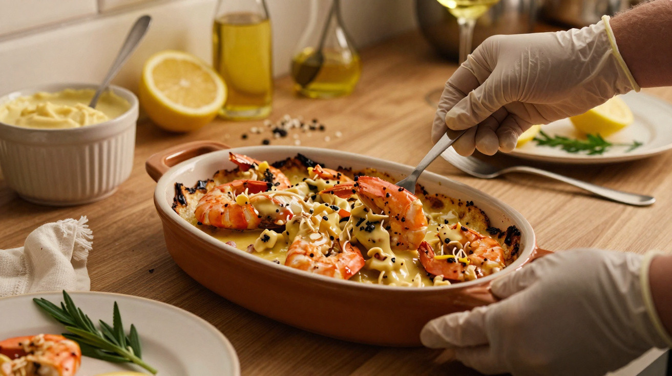 Mãos com luvas seguram uma travessa com prato de massa gratinada com camarões, azeite e limão ao fundo.