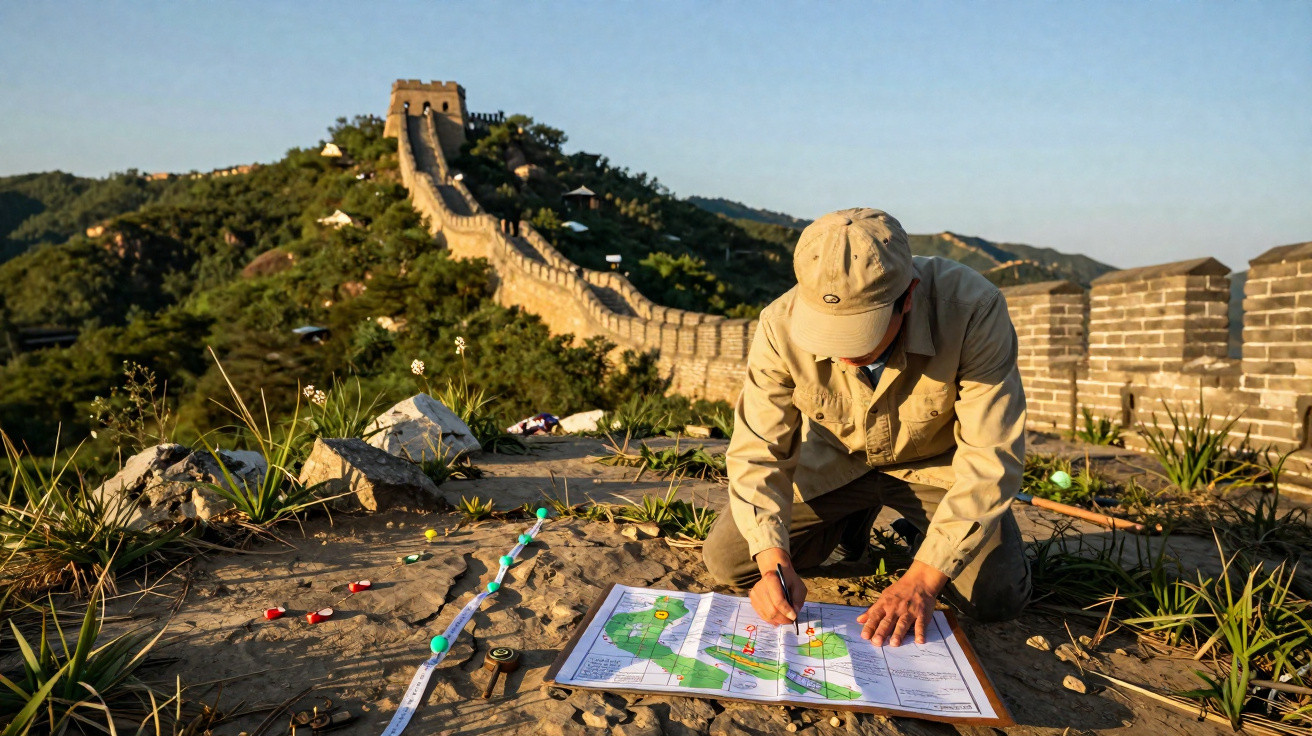 Homem a analisar um mapa sobre a Muralha da China ao pôr do sol, rodeado de vegetação e pedras.
