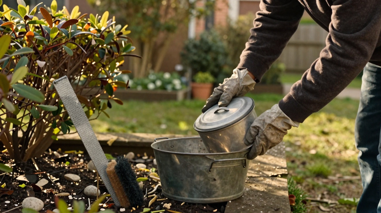 Pessoa a jardinagem com luvas a manusear um balde metálico junto a um jardim com planta e escova.