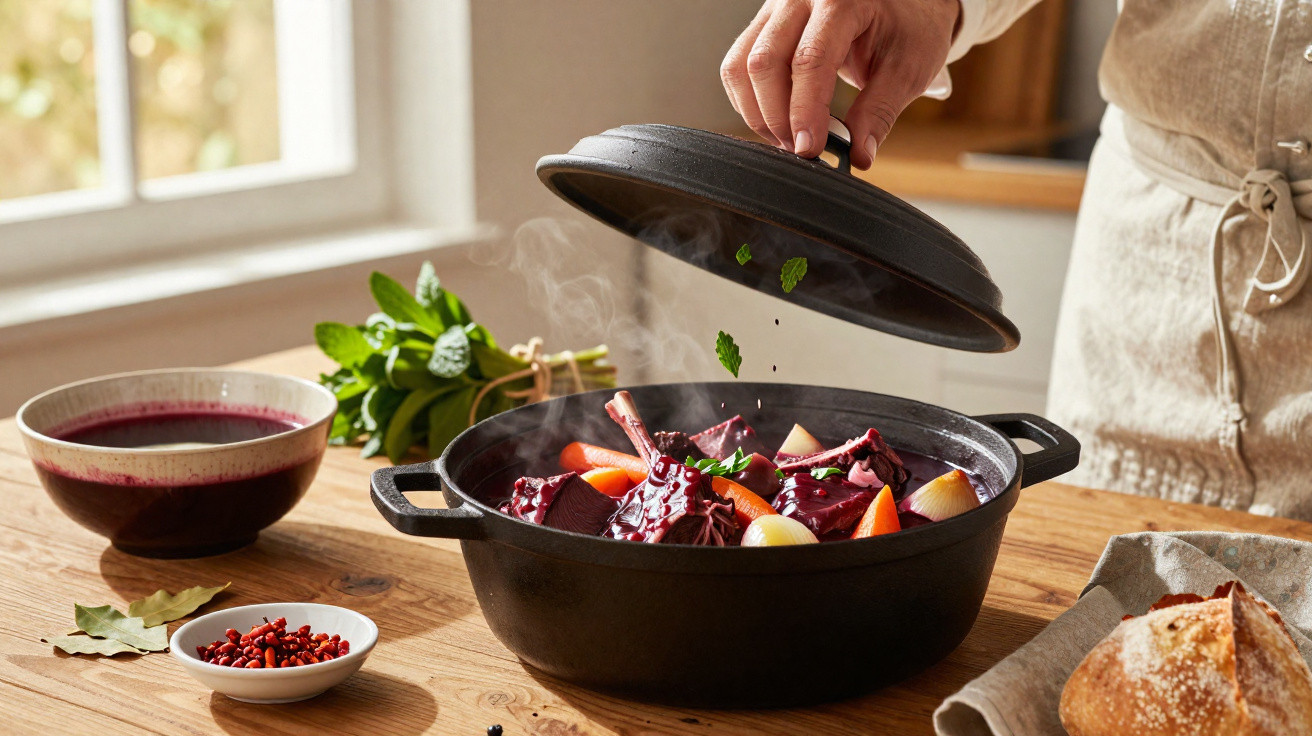 Pessoa a levantar tampa de panela a cozinhar legumes e ervas numa cozinha luminosa.