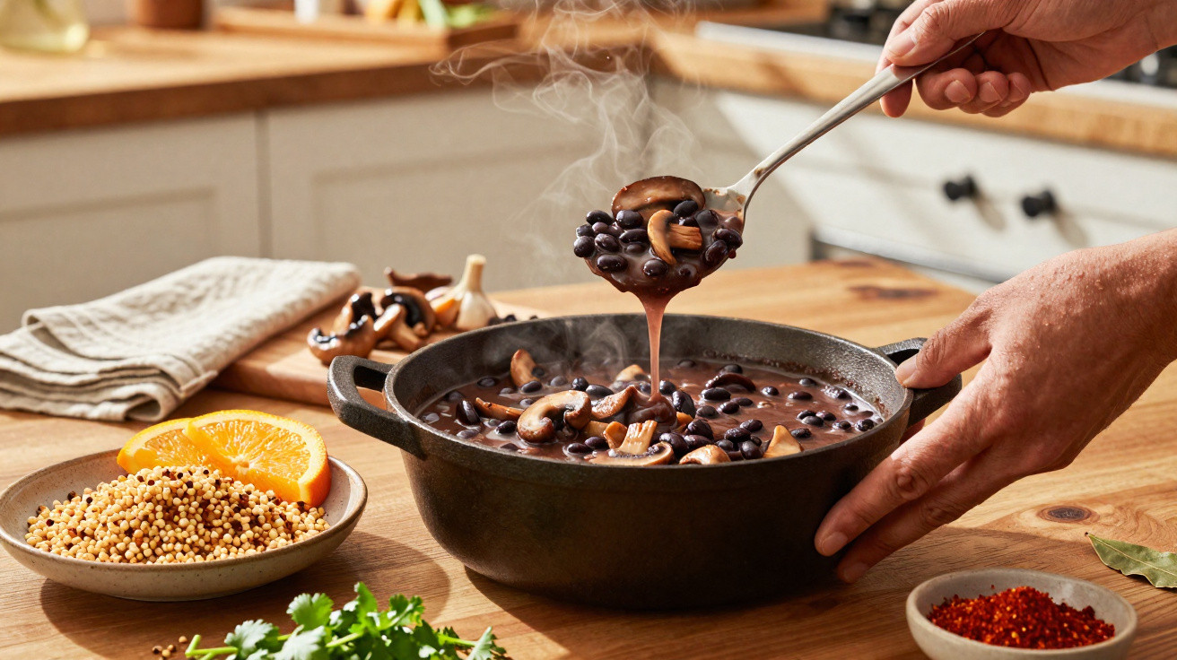 Mãos a servir feijoada de feijão preto com cogumelos fumegante numa panela de ferro na cozinha.