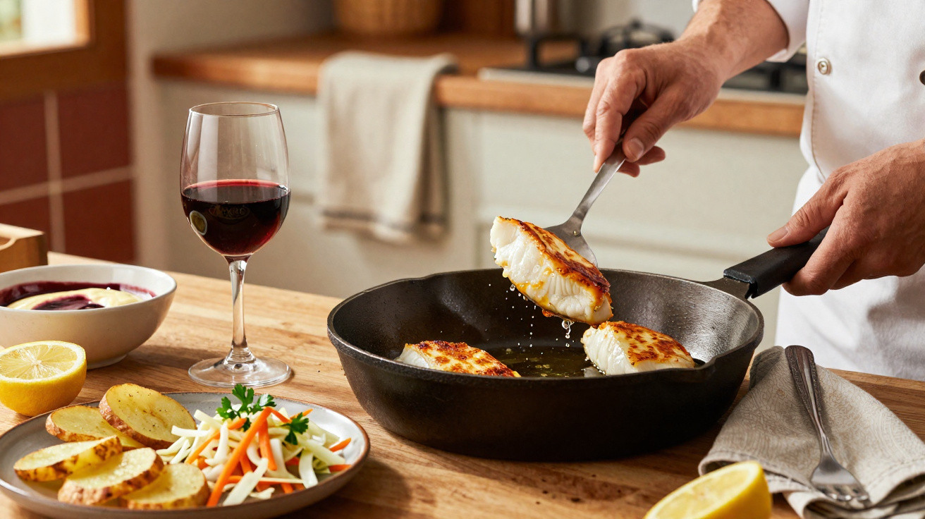 Pessoa a cozinhar peixe dourado numa frigideira, com batatas, salada e copo de vinho tinto na mesa.
