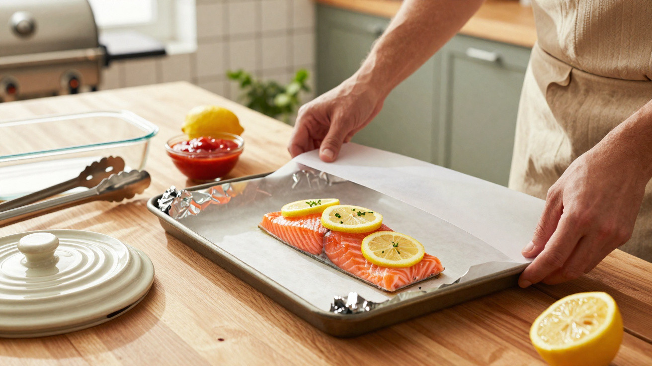 Pessoa a preparar posta de salmão com limão num tabuleiro de forno forrado com papel vegetal.