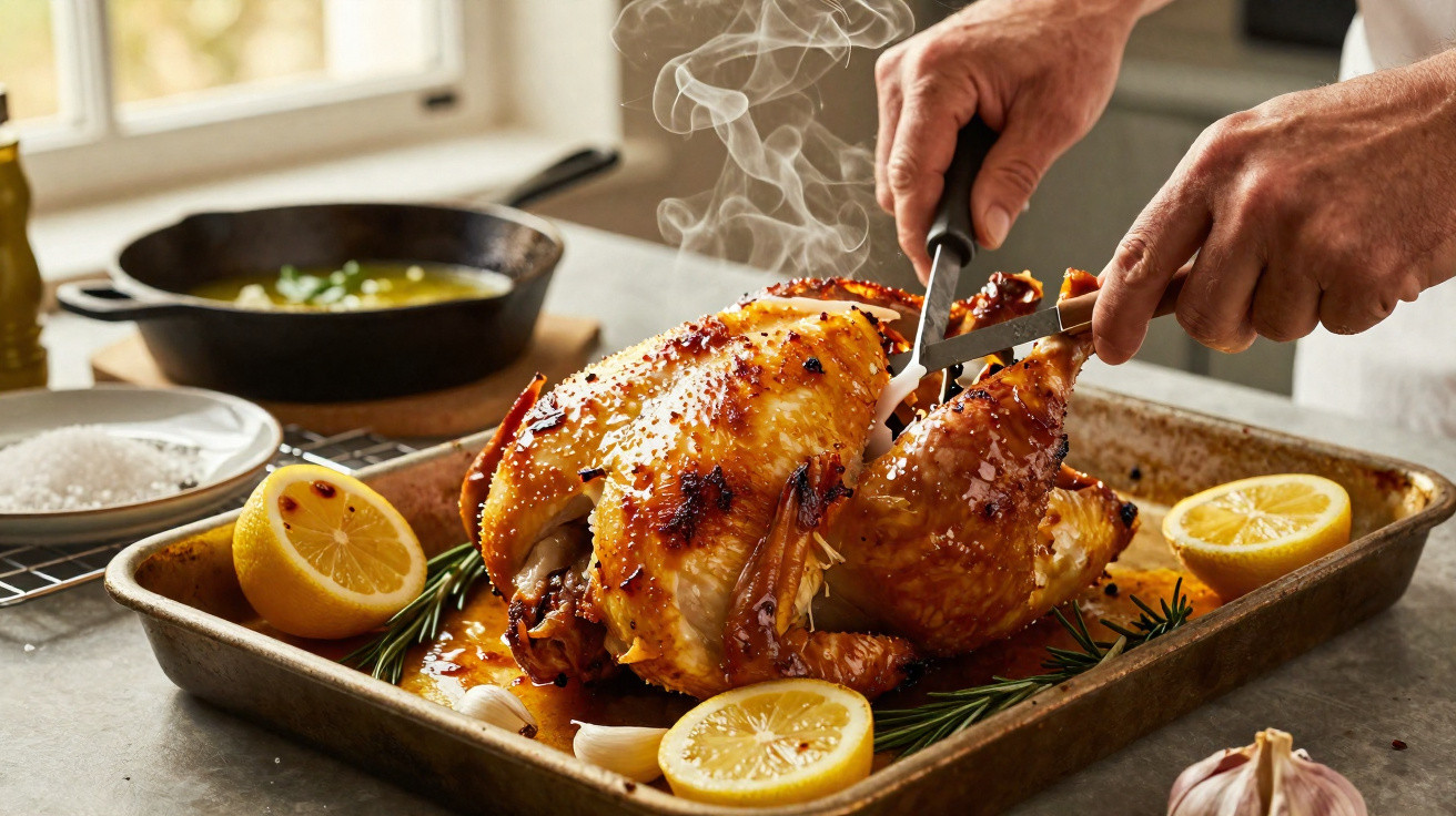 Frango assado com limão, alho e ervas num tabuleiro, sendo cortado com faca e garfo numa cozinha iluminada.