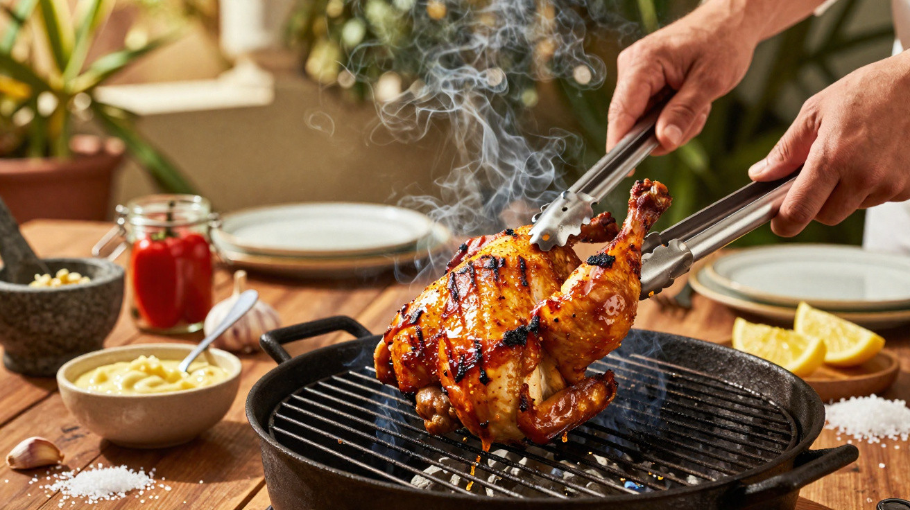 Frango assado na grelha com fumos, rodeado de ingredientes e mãos a segurarem pinças em cozinha.
