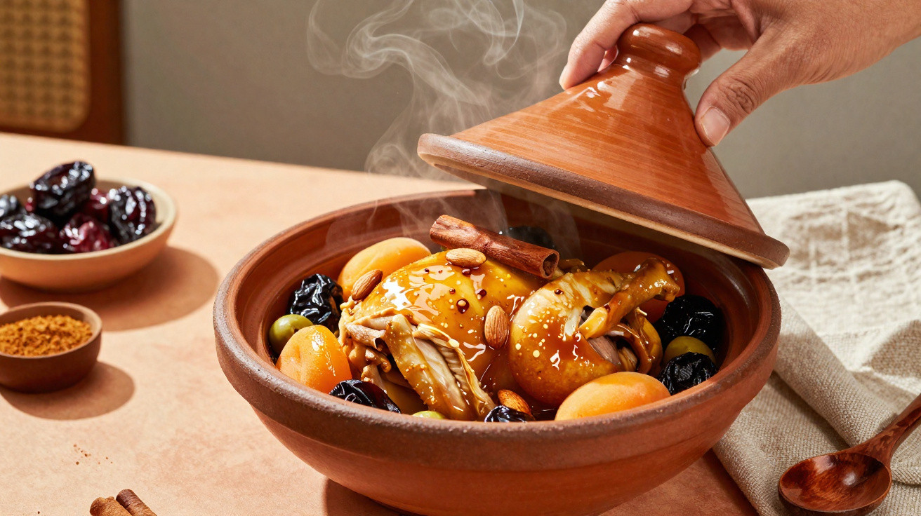 Prato tradicional marroquino com frango, frutas secas, amêndoas e canela numa tagine de barro fumegante.