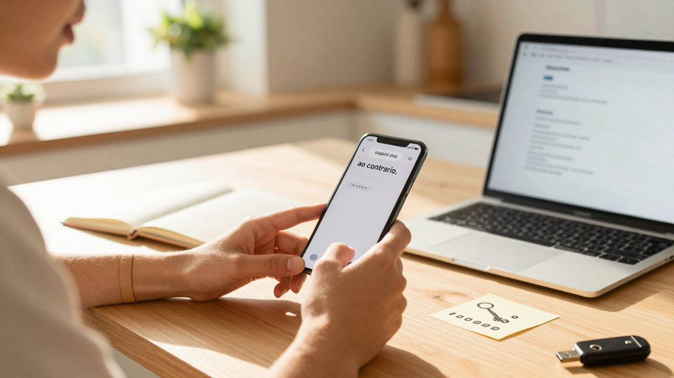 Pessoa a segurar smartphone com site aberto, junto a computador portátil e pen USB numa secretária de madeira.