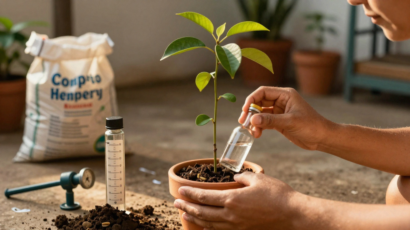 Pessoa a cuidar de planta jovem em vaso, com material de medição e saco de fertilizante ao fundo.