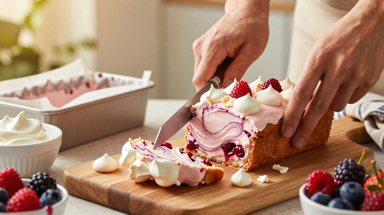 Pessoa a cortar um bolo com cobertura rosa, merengues e frutos vermelhos numa tábua de madeira.