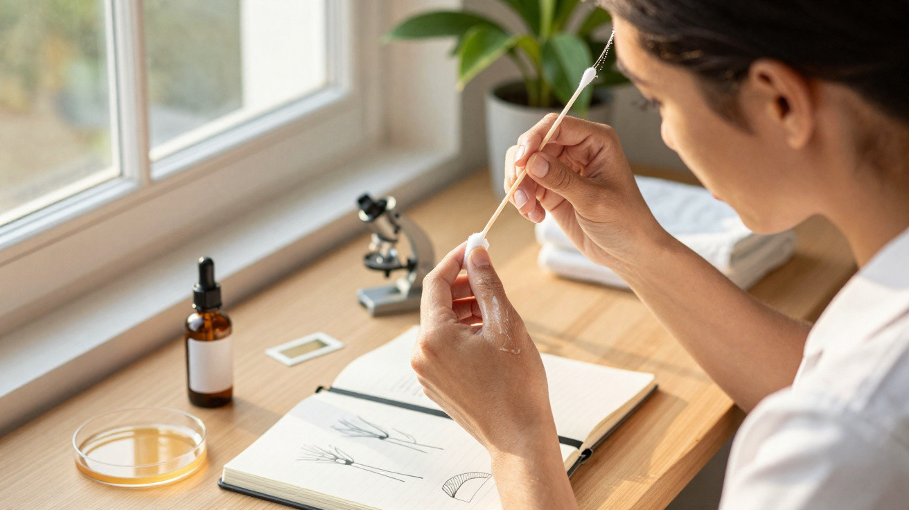 Pessoa a coletar amostra com zaragatoa em ambiente de laboratório com microscópio e caderno de desenhos botânicos.