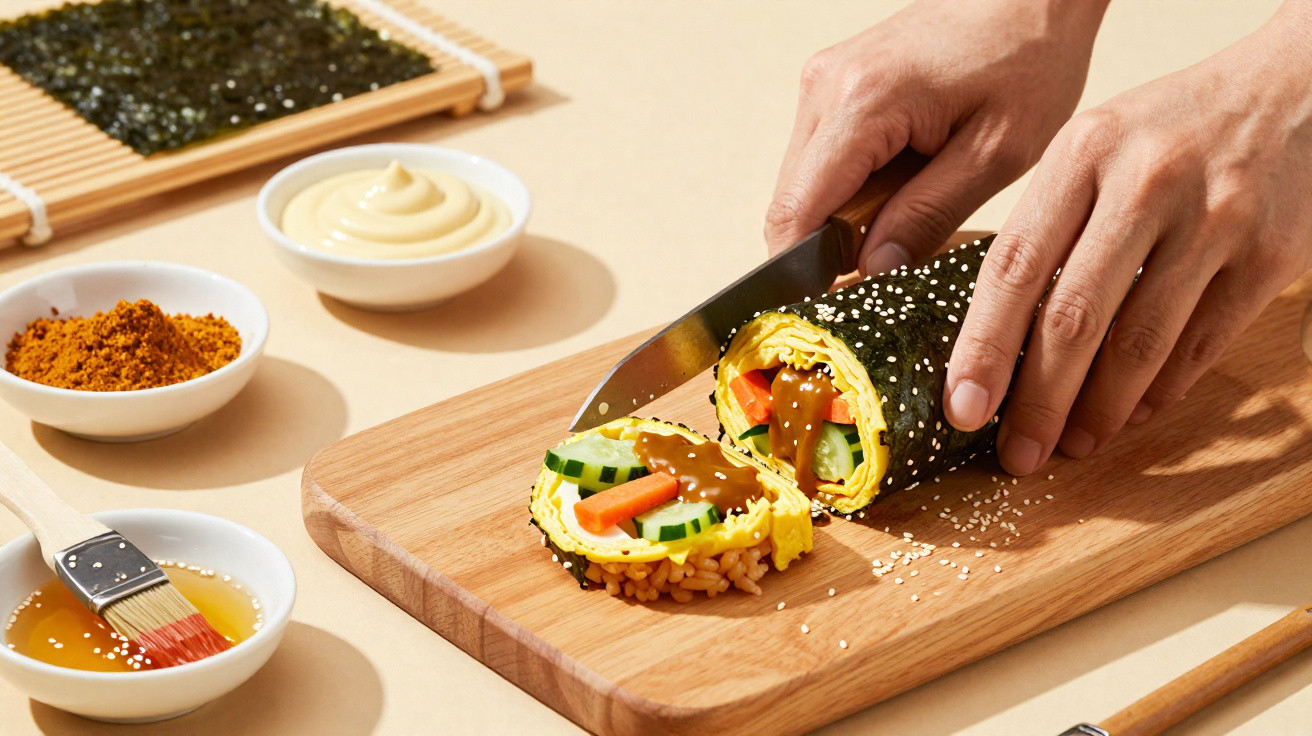 Mãos a cortar sushi vegetariano com algas, arroz, cenoura e pepino numa tábua de madeira.
