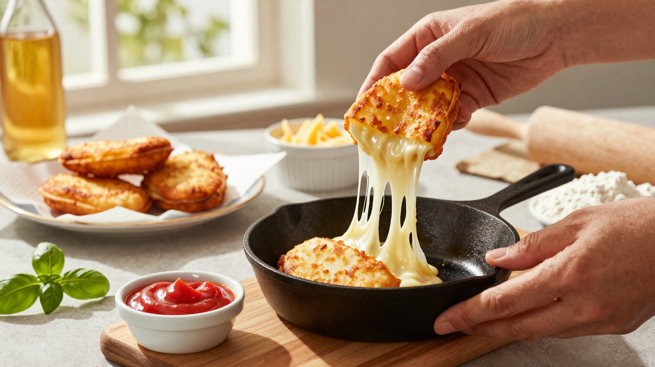 Mãos seguram queijo frito a derreter numa frigideira, com molho de tomate e mais queijo ao fundo.