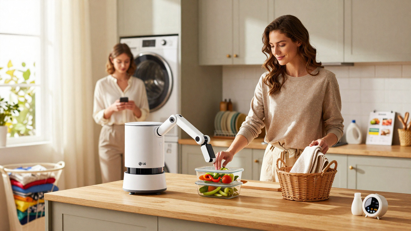 Mulher a arrumar legumes numa cozinha com assistente robótico e outra mulher ao fundo a usar telemóvel.