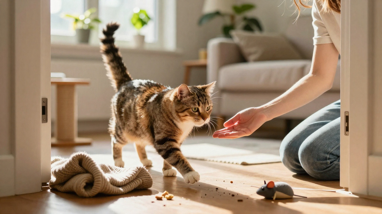 Gato tigrado aproxima-se da mão estendida de uma pessoa num chão de madeira com brinquedos espalhados.