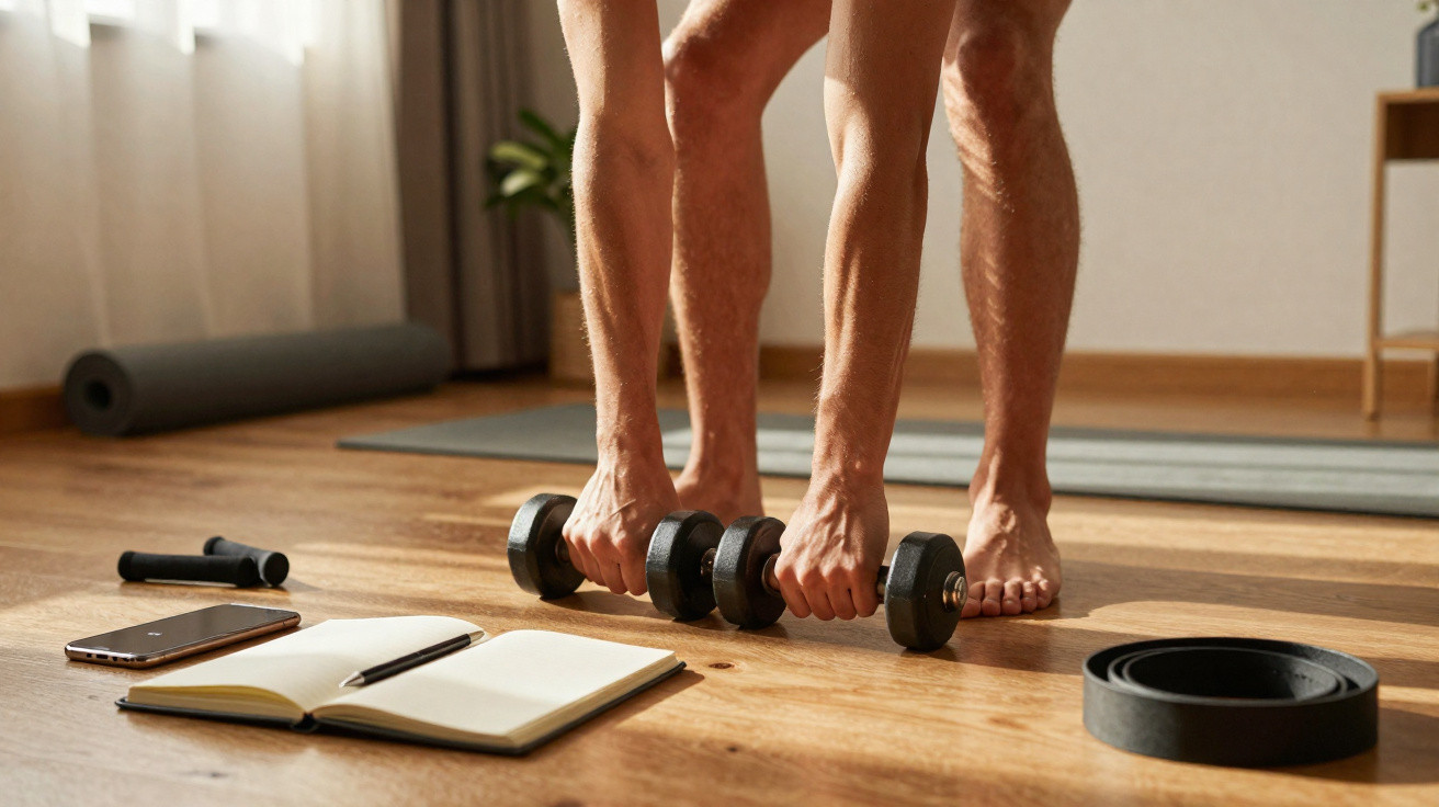 Pessoa descalça a fazer exercício com halteres em casa, com tapete de yoga, caderno e telemóvel no chão.