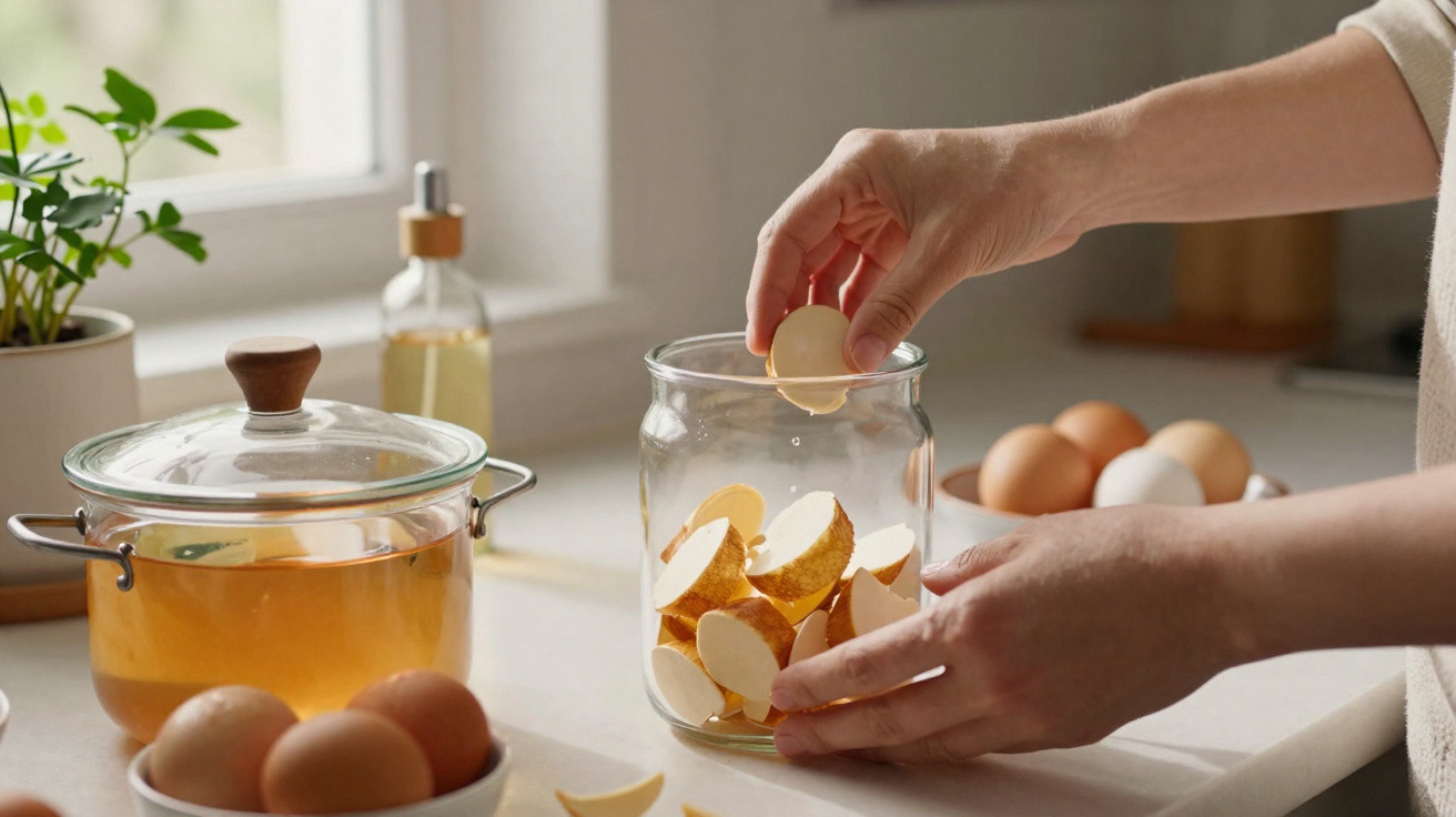 Mãos a colocar casca de ovo partida dentro de um frasco transparente numa cozinha luminosa.