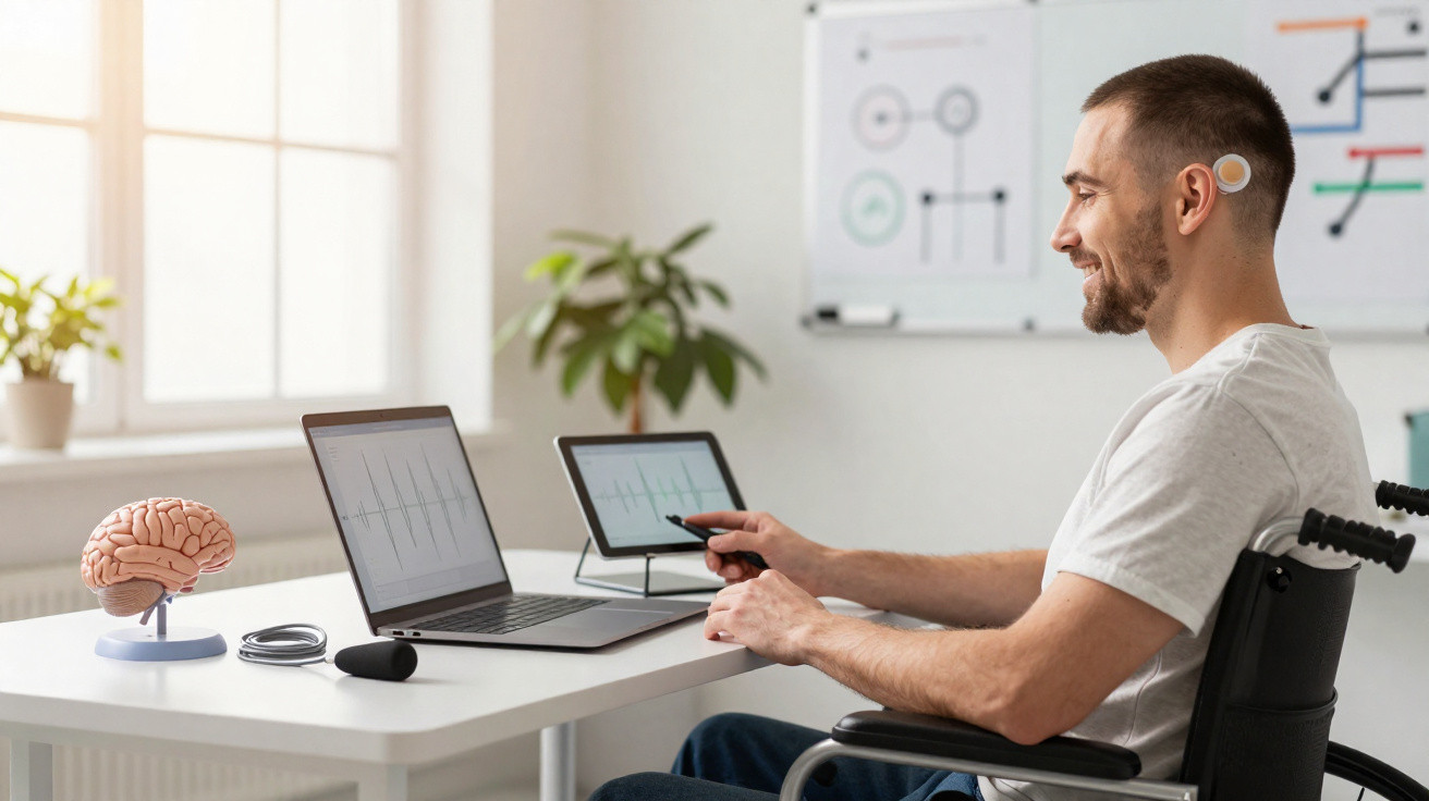 Homem em cadeira de rodas usa implante cerebral e interage com laptop e tablet num ambiente de escritório moderno.
