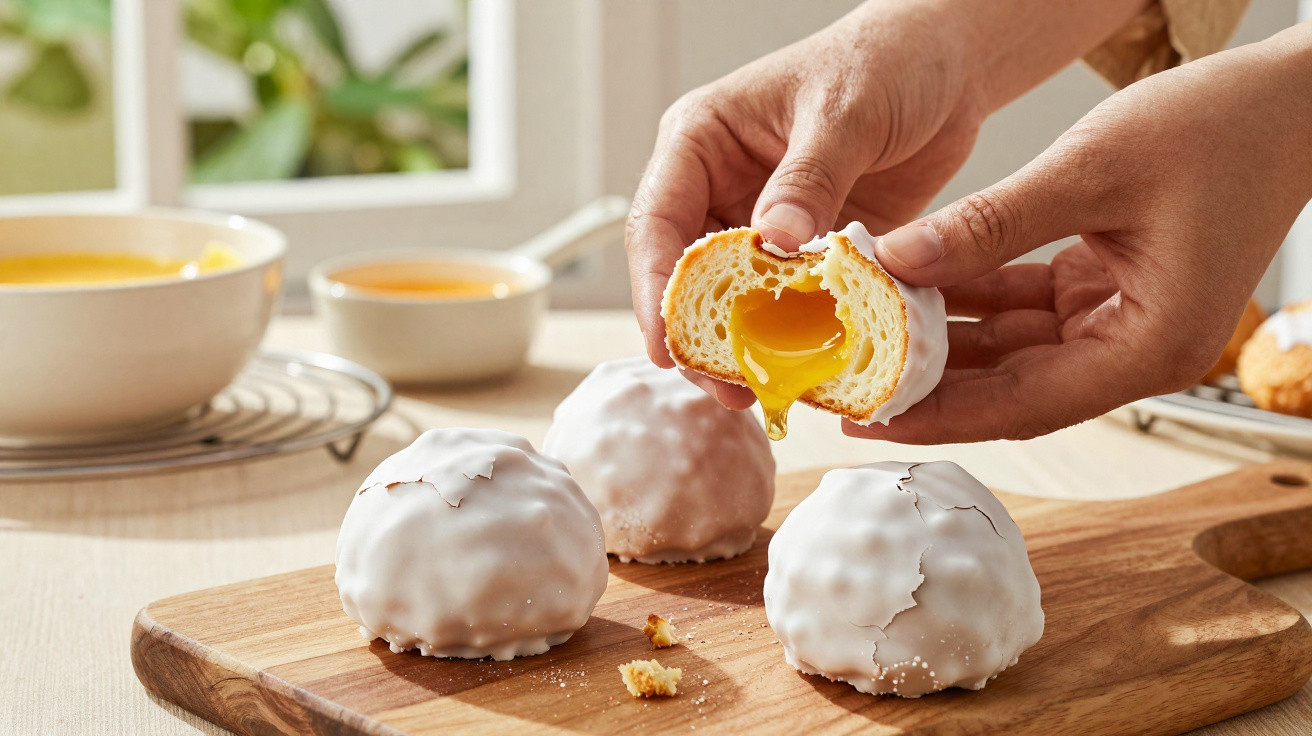 Mãos a partir um bolo com cobertura branca, revelando recheio cremoso amarelo, sobre tábua de madeira com mais bolos.