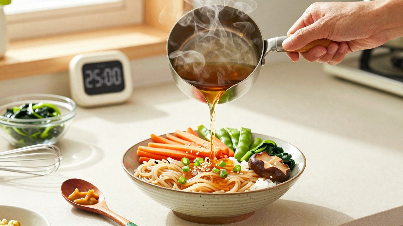 Sopa quente sendo servida numa tigela com noodles, cenoura, ervilhas, cogumelos e outras verduras frescas.