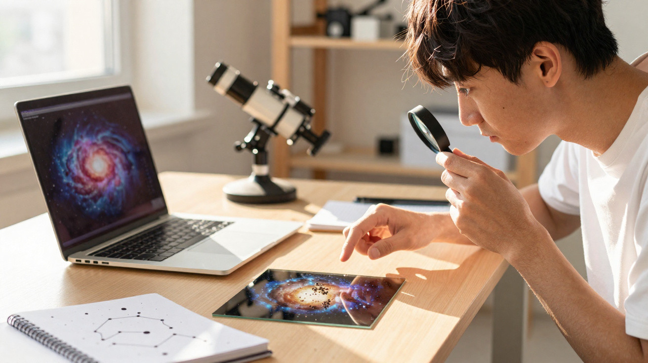 Pessoa jovem a observar uma imagem de galáxia numa tablet com uma lupa, ao lado de laptop e notebook com constelações.