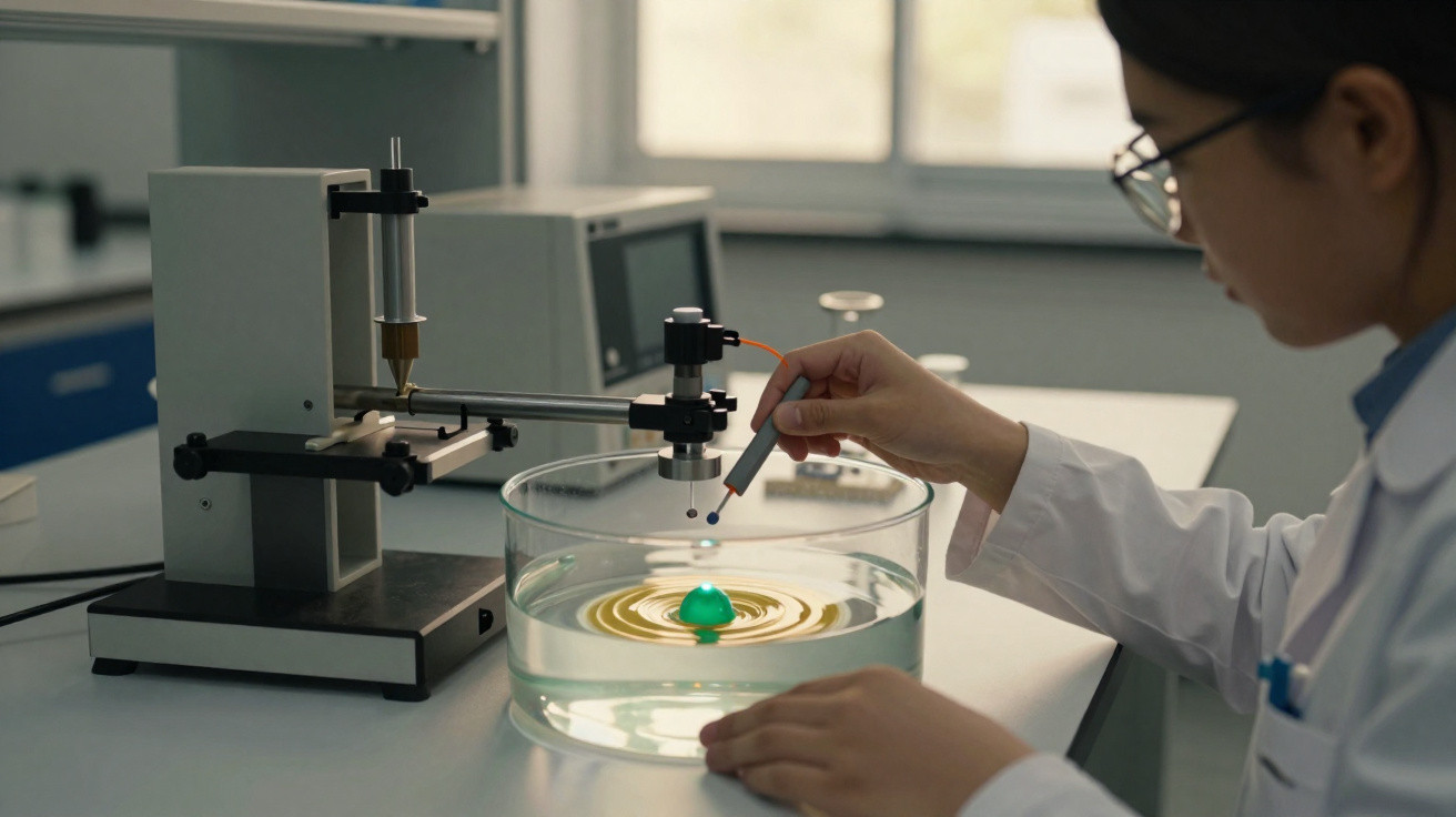 Investigadora em laboratório a realizar experiência com equipamento e líquido numa cuba de vidro.