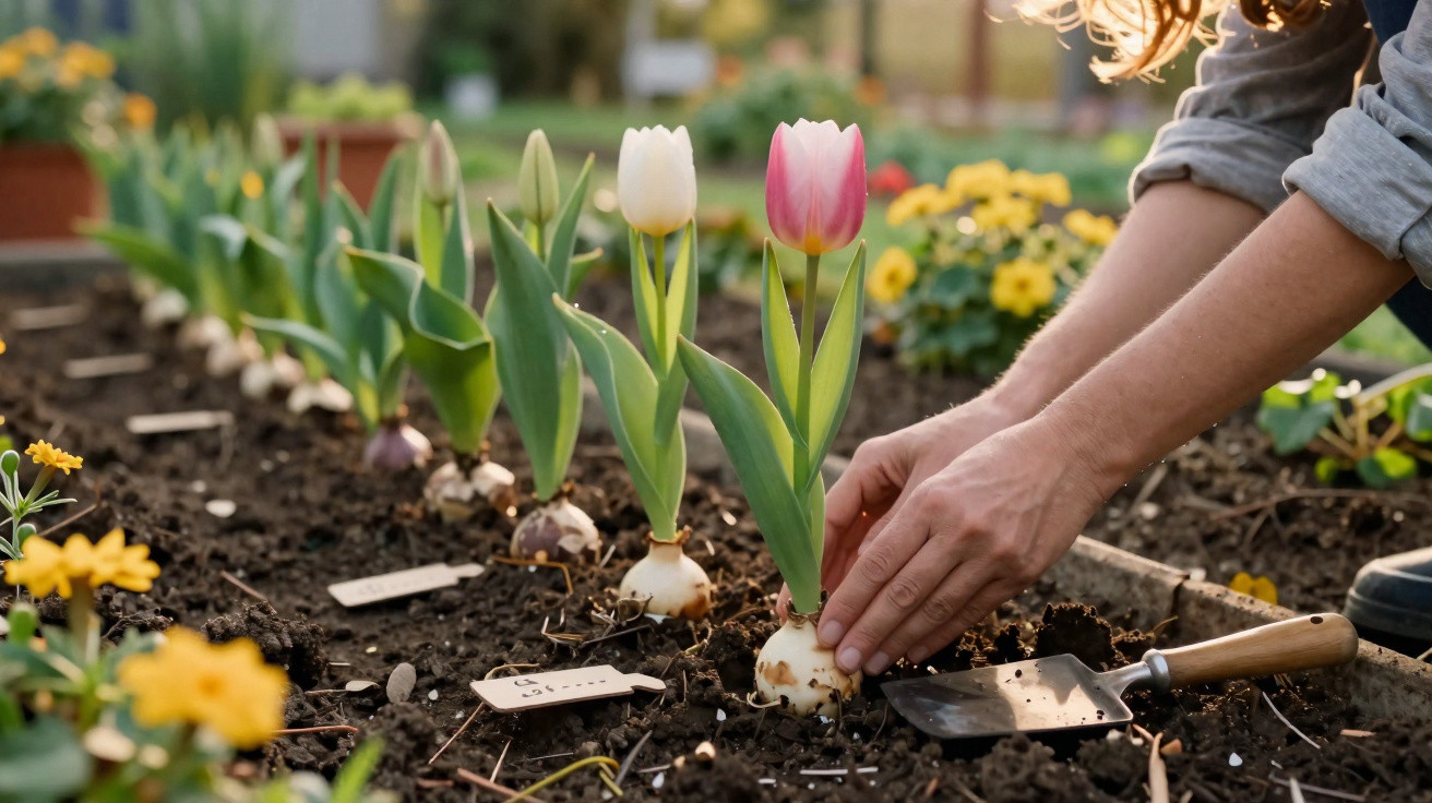 Pessoa a plantar tulipas em canteiro de jardim com flores amarelas ao fundo.