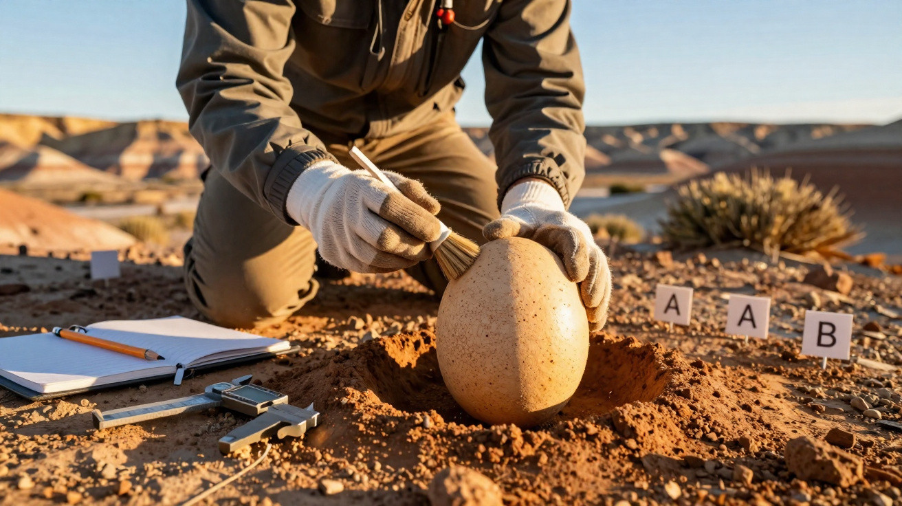 Investigador escava e limpa com pincel grande ovo fossilizado desenterrado numa zona árida.