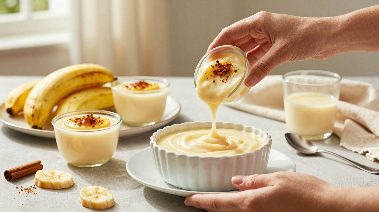 Mãos a verter pudim de banana com canela em taça, bananas e copos de bebida ao fundo numa mesa clara.