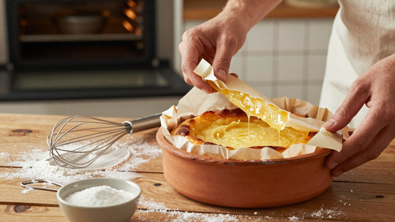 Pessoa a retirar papel do pudim cremoso quente numa tigela de barro, com utensílios de cozinha e farinha na mesa.