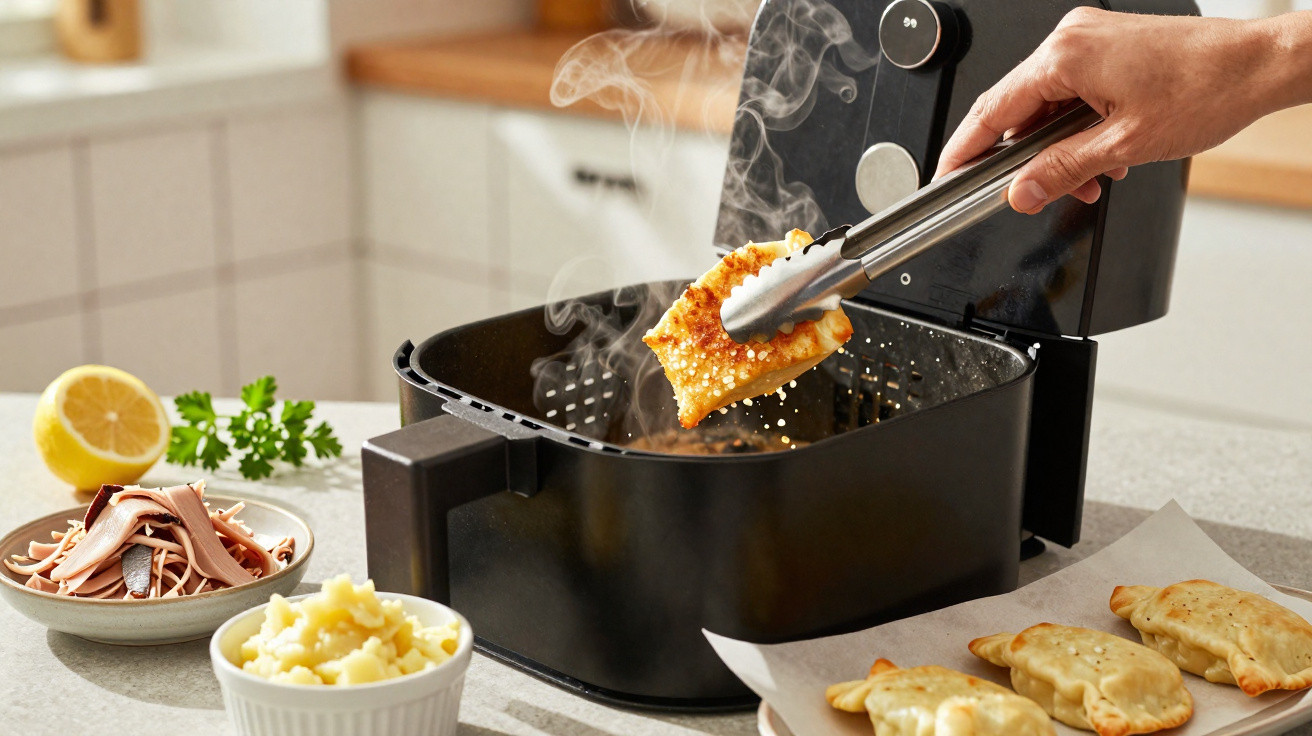 Mão com pinças a retirar pastel frito a vapor de ar quente de uma fritadeira elétrica preta na cozinha.