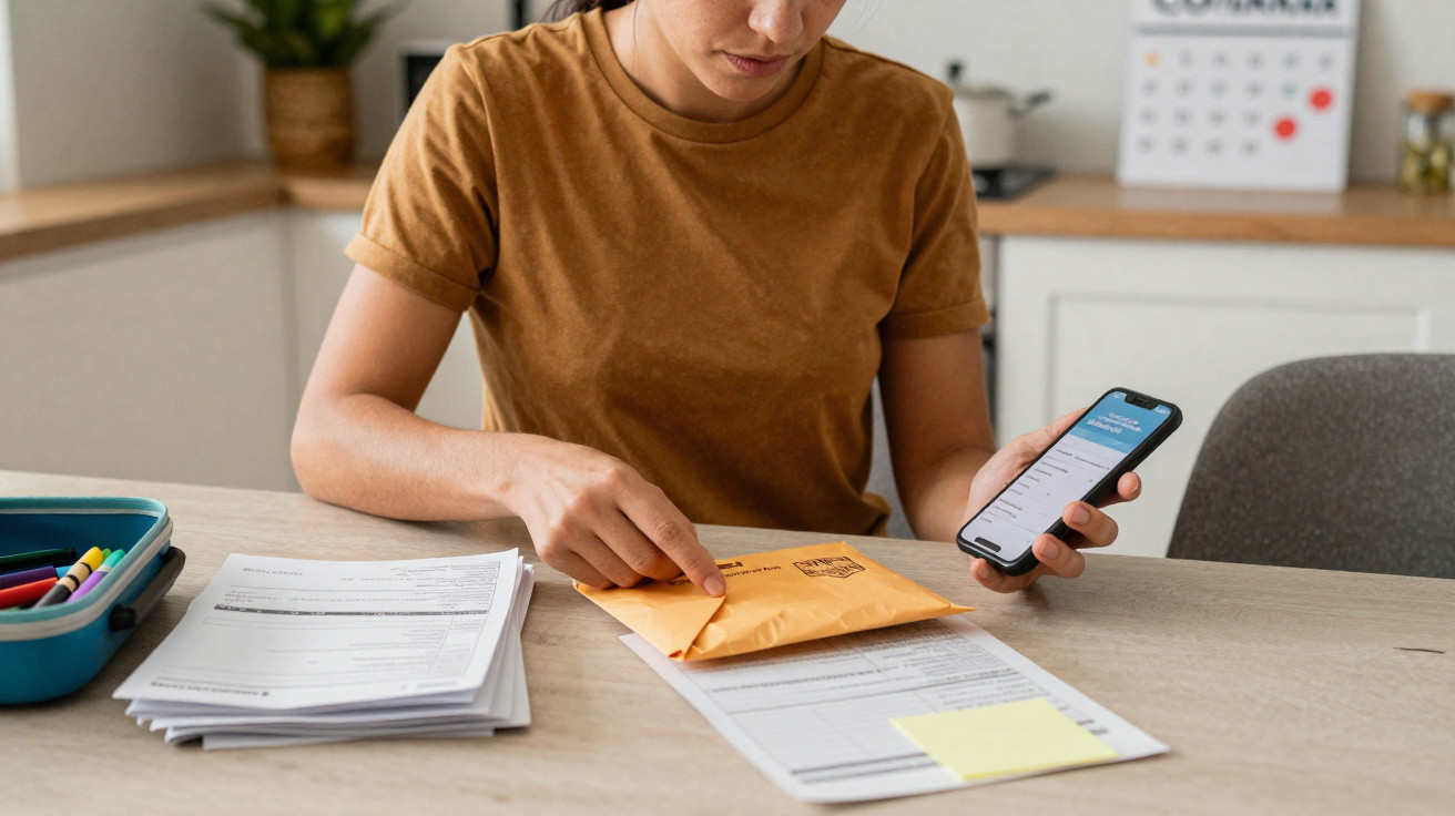 Pessoa a usar telemóvel e a preparar um envelope amarelo sobre uma mesa com documentos e lápis coloridos.