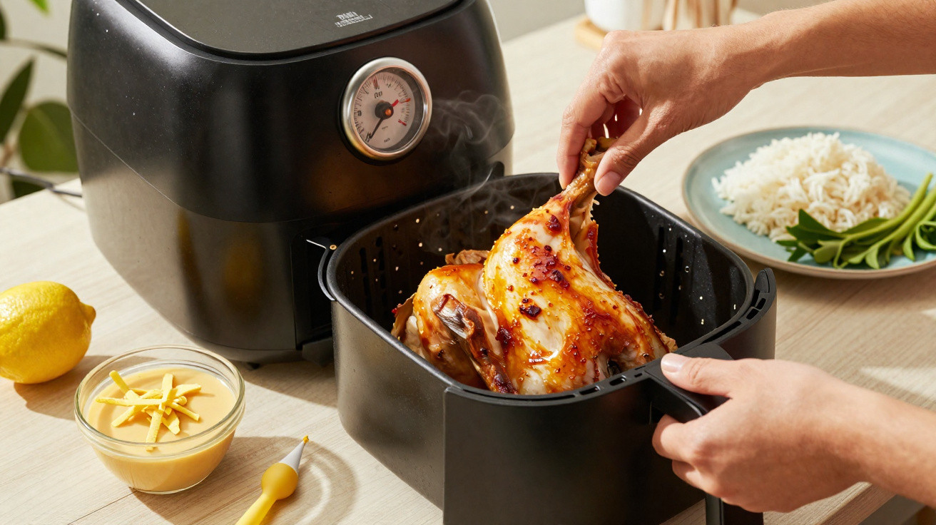Pessoa a retirar frango assado fumegante de uma fritadeira elétrica na cozinha.